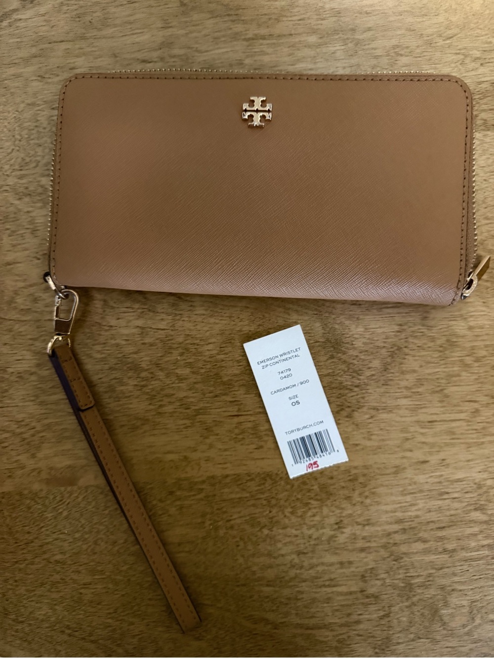 Tory Burch Cognac Zip Wristlet with Gold Logo - Picture 1 of 2